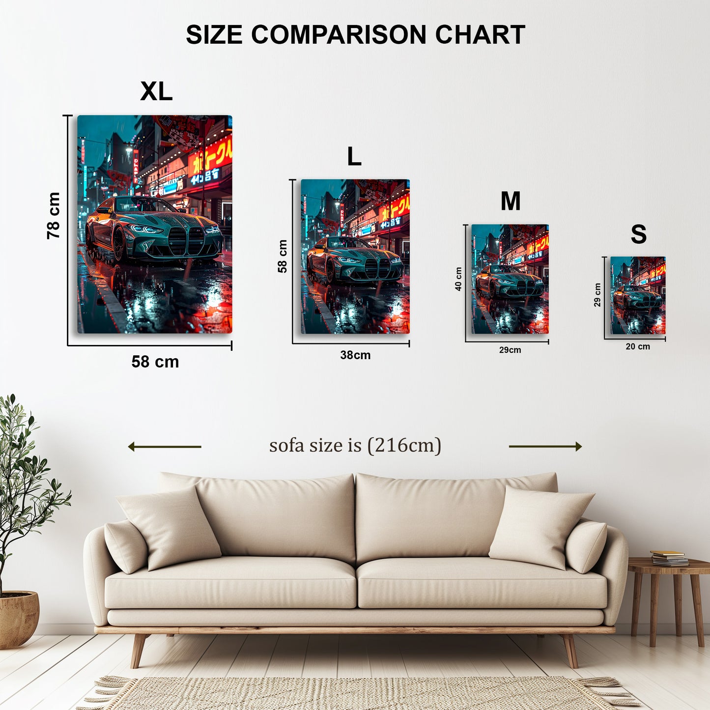 BMW M4 Neon Street metal wall art in styled room setting