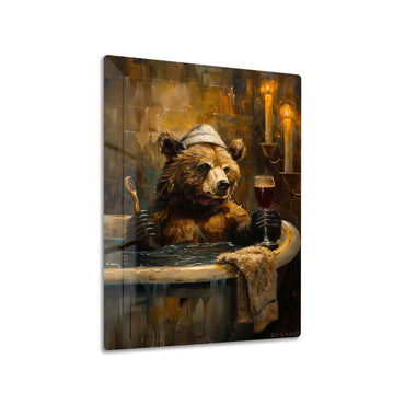 Bear in the Bath metal poster on living room wall