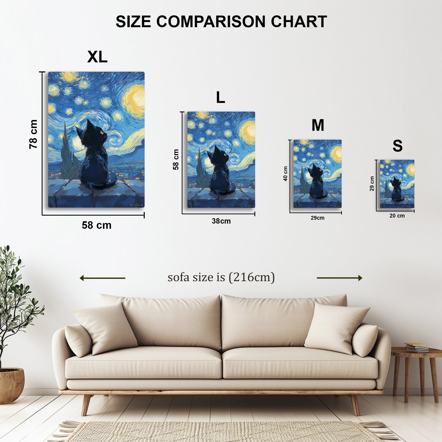 Cat Under Starry Night metal wall art in styled room setting