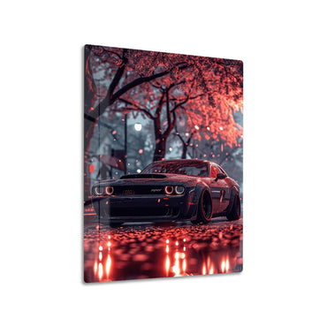 Dodge Challenger in the Rain metal poster on living room wall