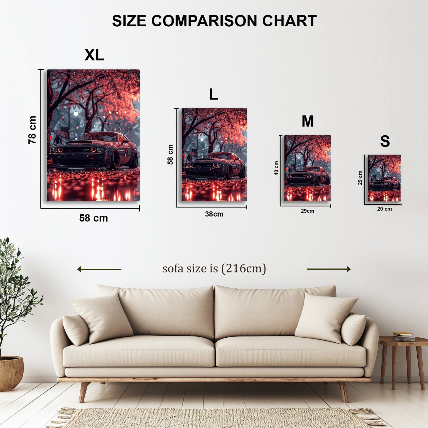 Dodge Challenger in the Rain metal wall art in styled room setting