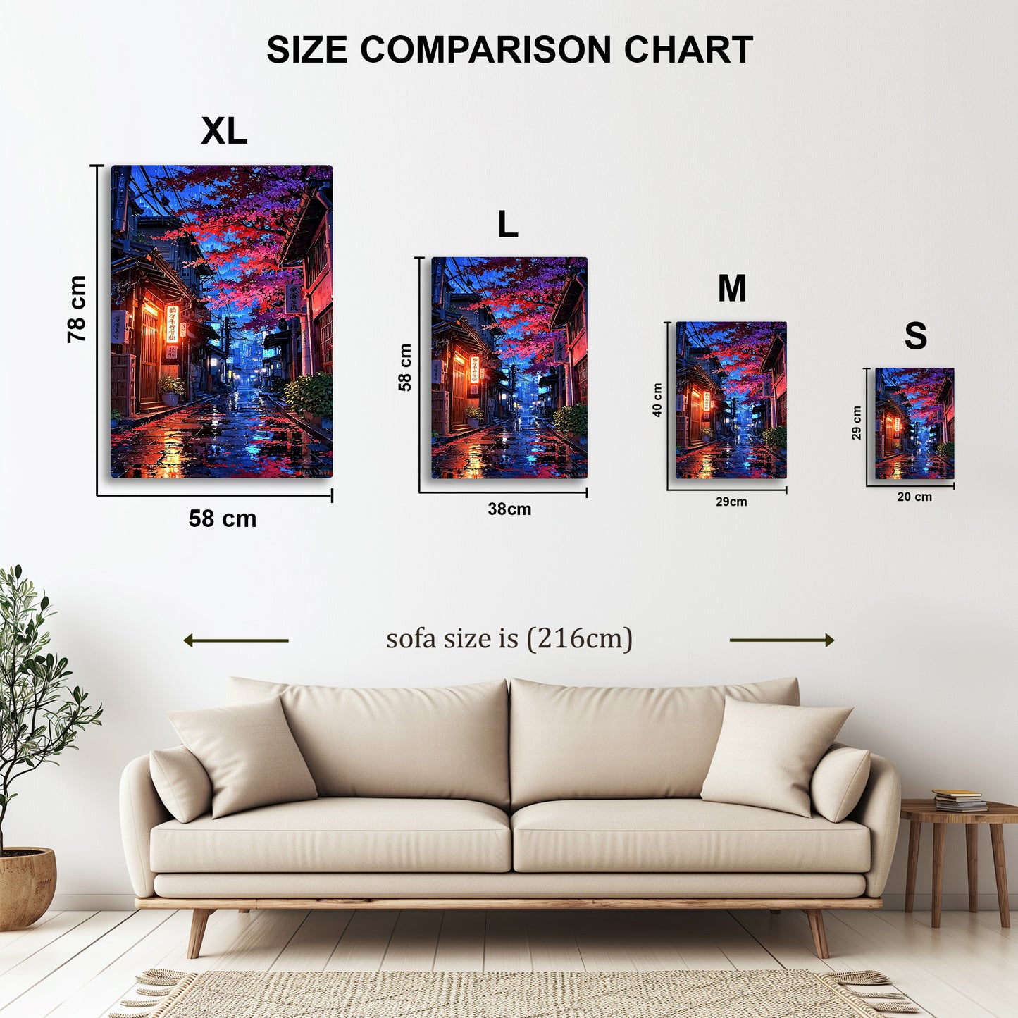 Rainy Japanese Street metal wall art in styled room setting
