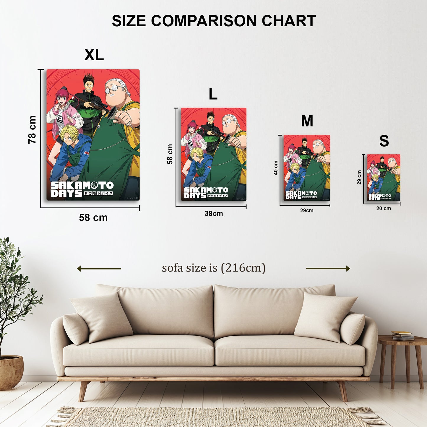 Sakamoto Days metal wall art in styled room setting