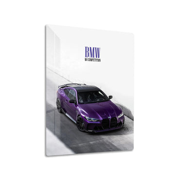 BMW M4 Competition Purple metal poster on living room wall