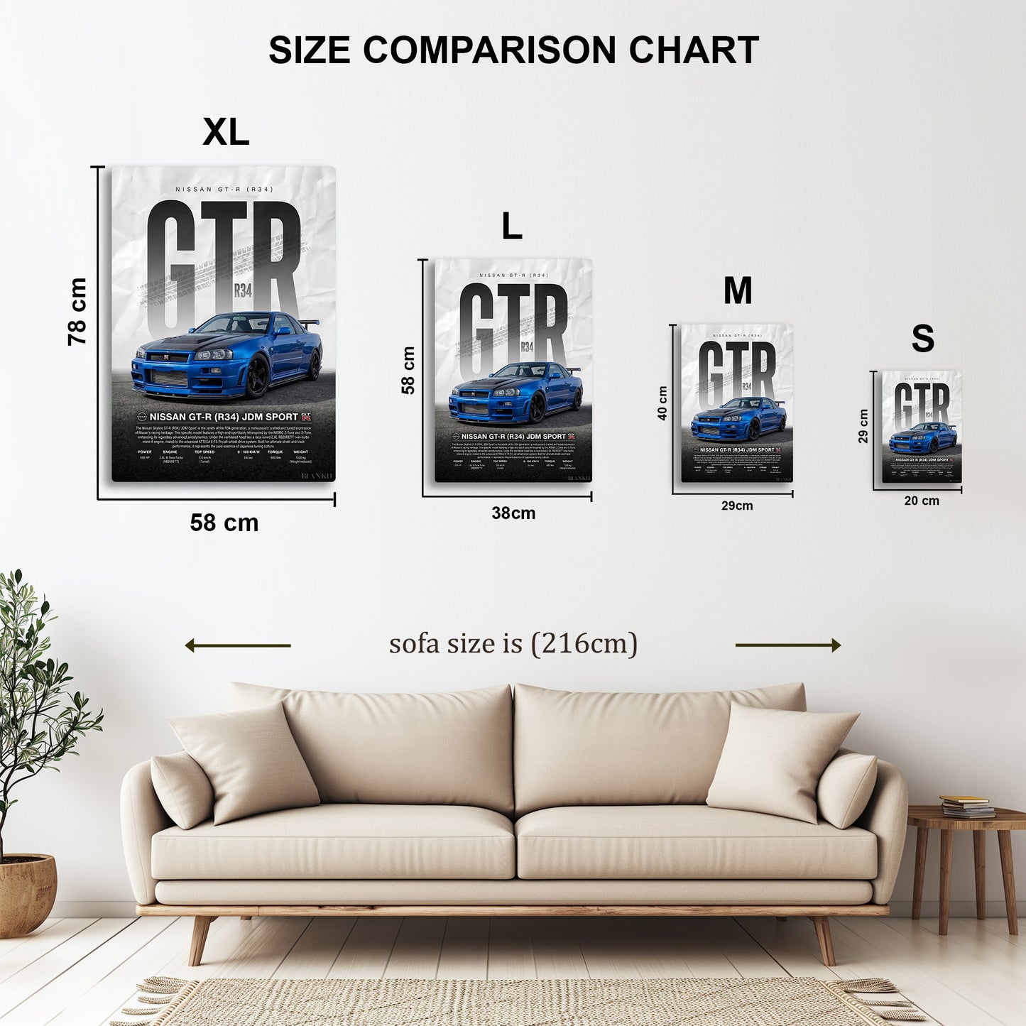 Nissan GT-R R34 Blue metal wall art in styled room setting