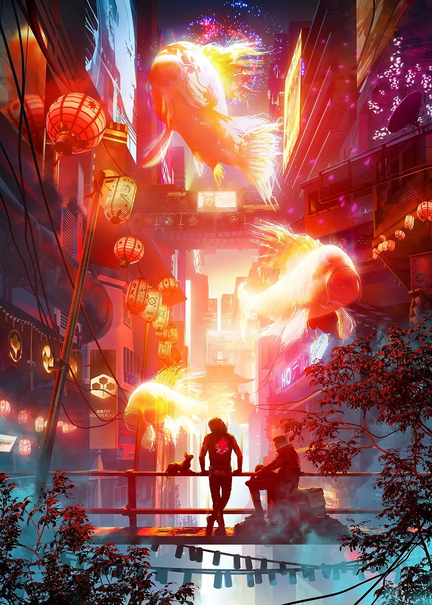 Festive Night City metal poster artwork