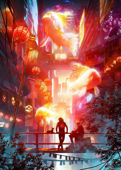 Festive Night City metal poster artwork