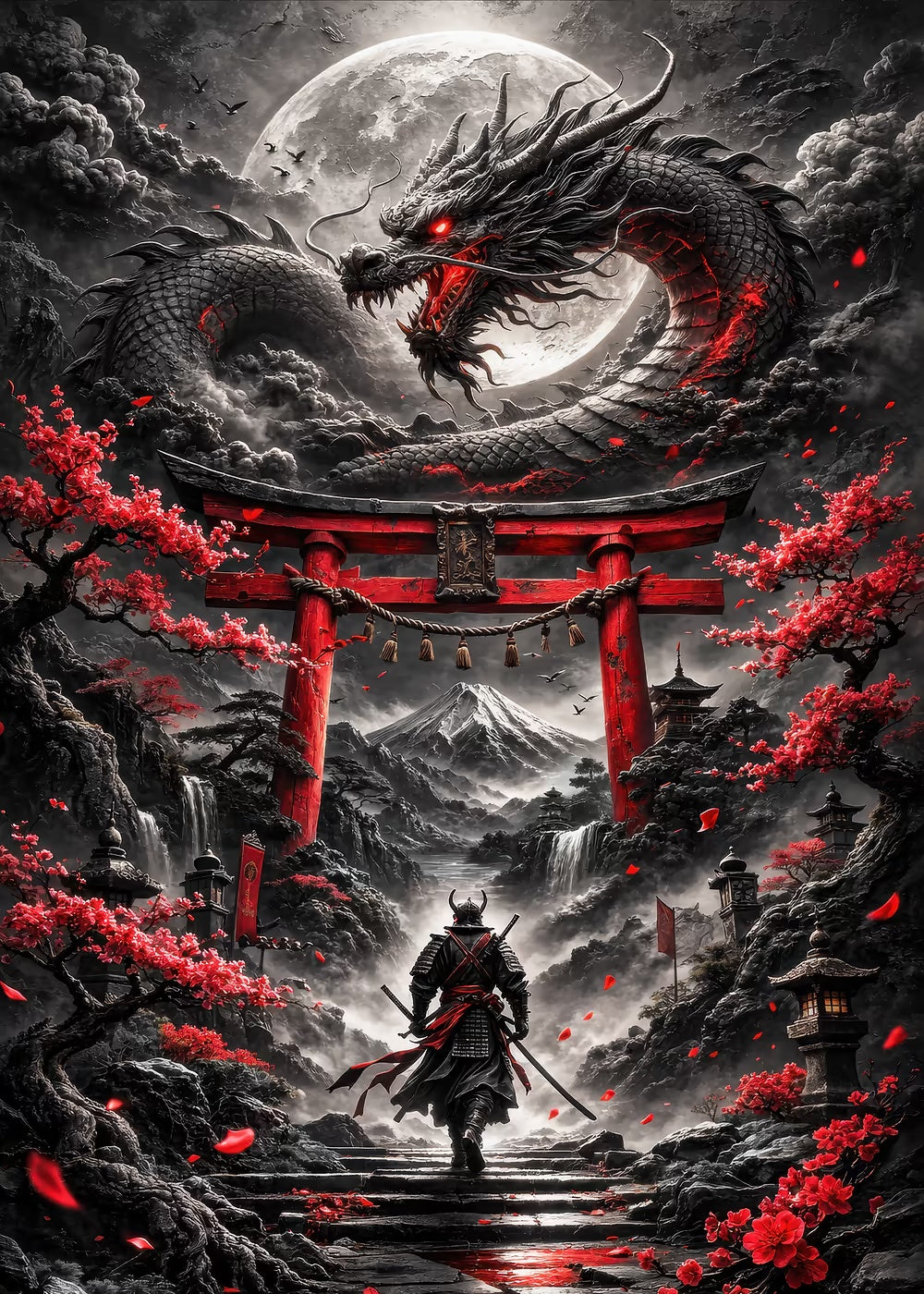 Samurai Confronts Dragon Under Moon metal poster artwork
