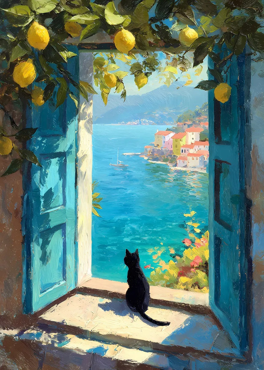 Black Cat at the Mediterranean Coast metal poster artwork