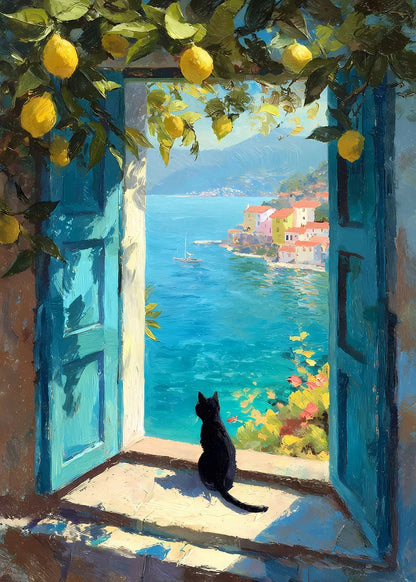 Black Cat at the Mediterranean Coast metal poster artwork