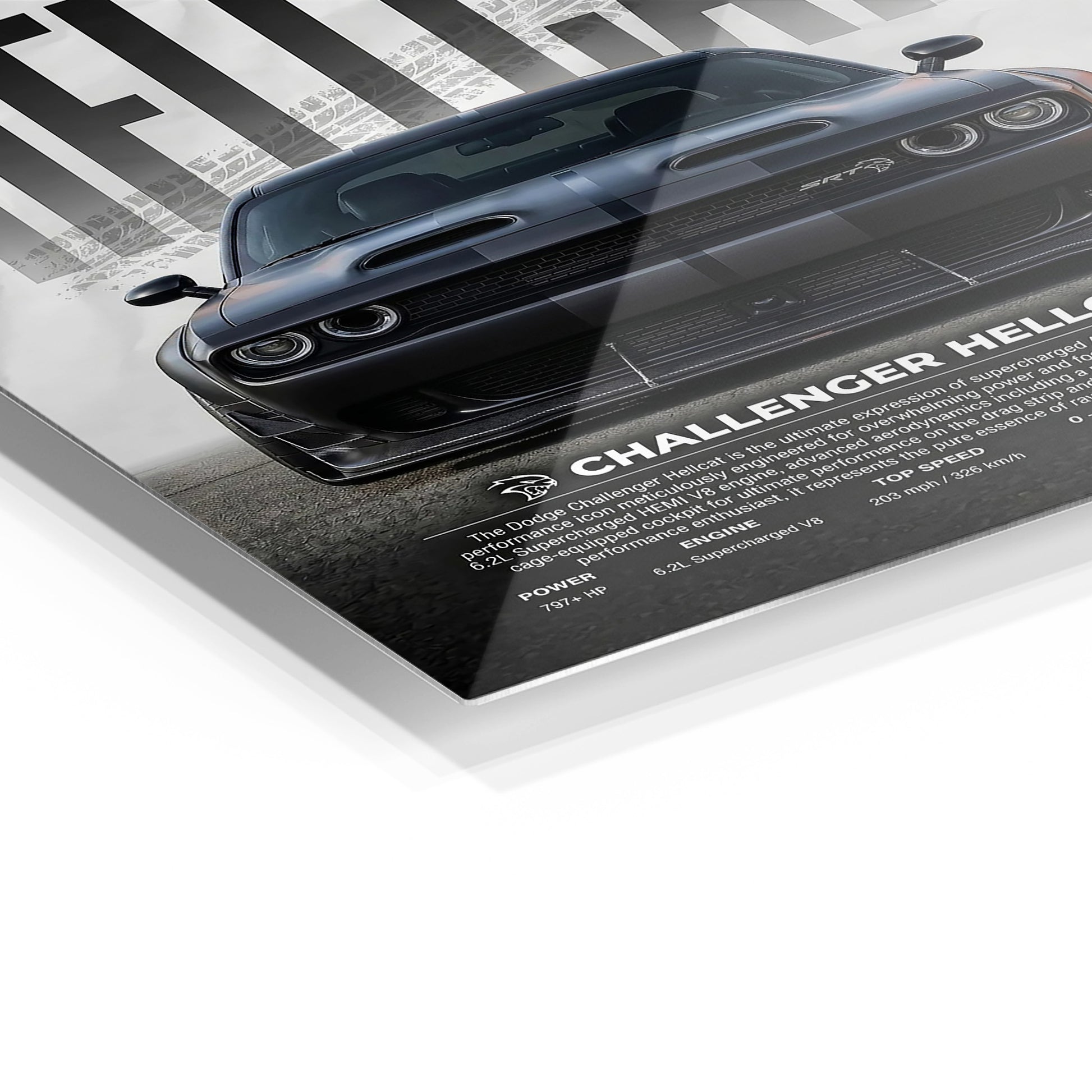 Dodge Challenger Hellcat metal wall art in a modern interior