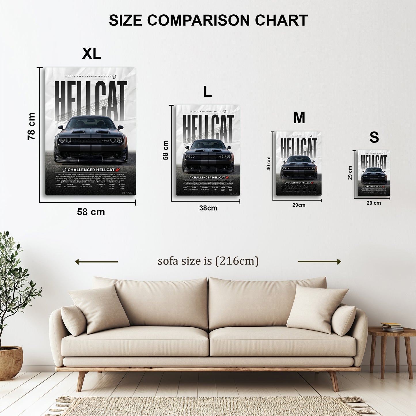 Dodge Challenger Hellcat metal wall art in styled room setting