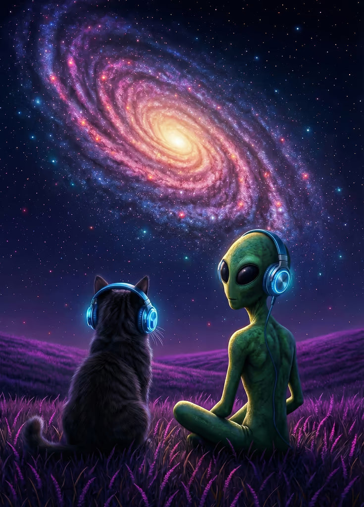 Alien & Cat Cosmic Vibes metal poster artwork