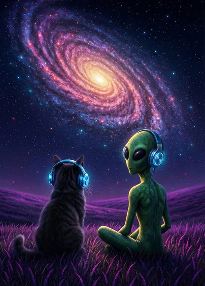 Alien & Cat Cosmic Vibes metal poster artwork