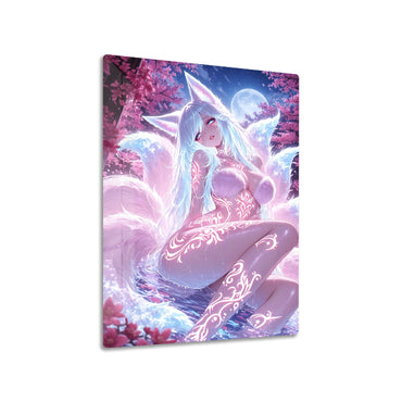 Fox Girl in Blossom metal poster on living room wall