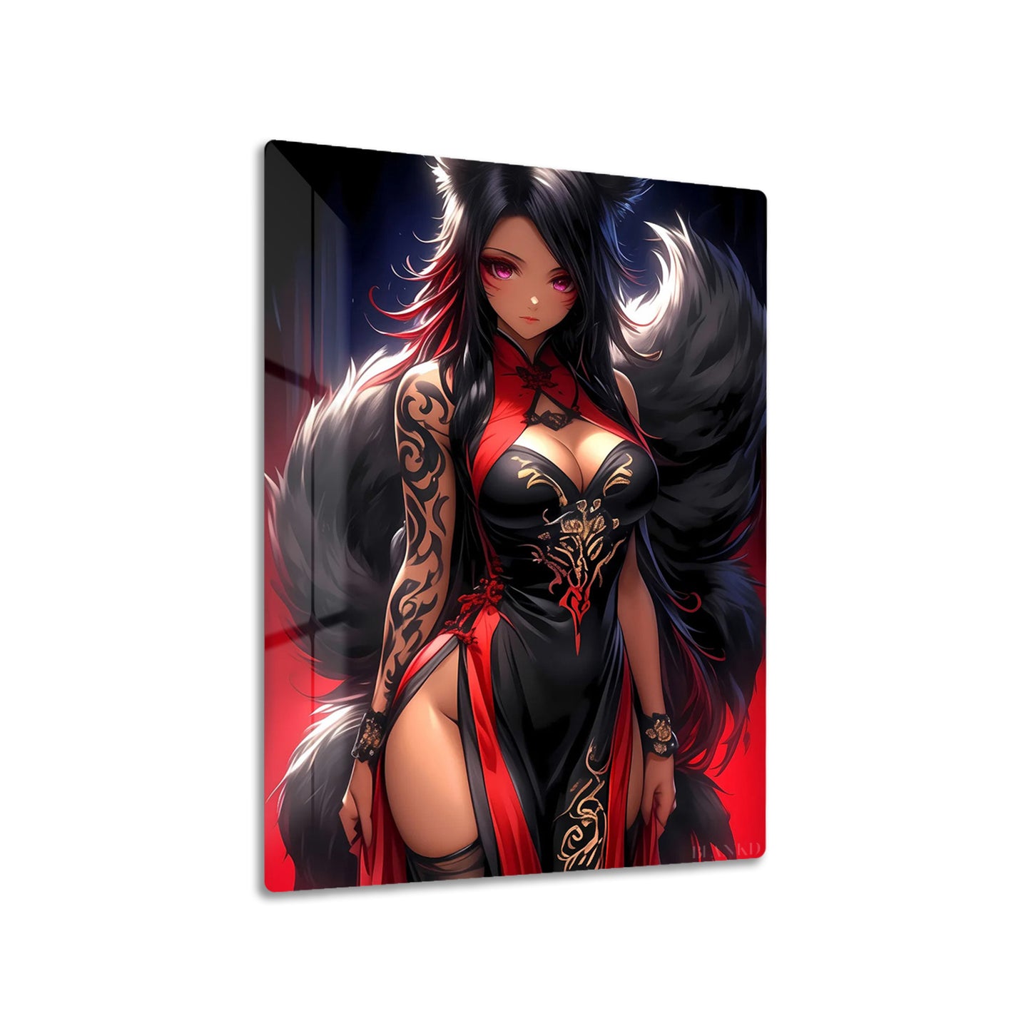 Fox Girl in Red metal poster on living room wall