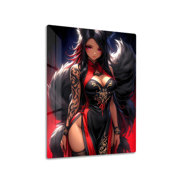 Fox Girl in Red metal poster on living room wall