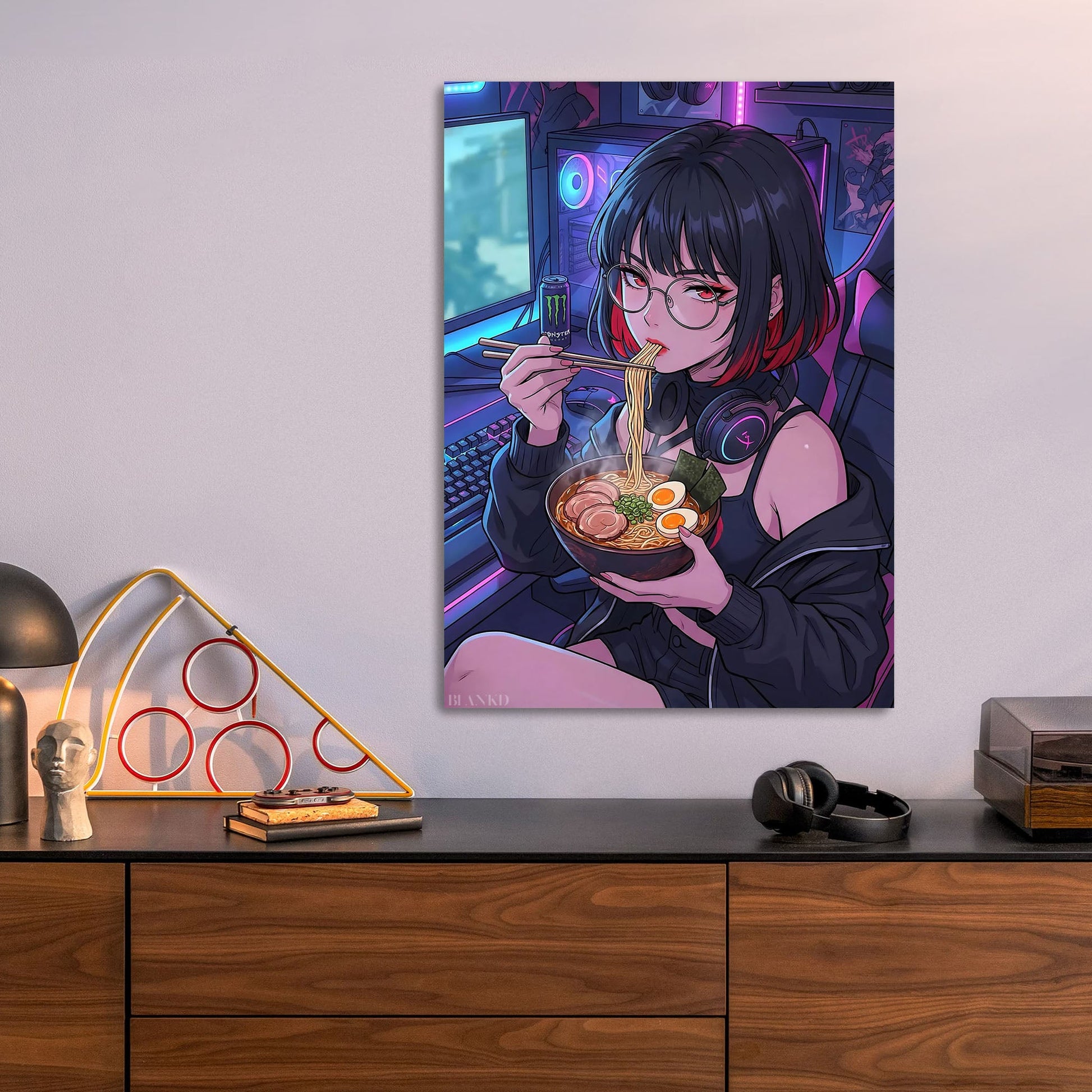 Anime Girl Eating Ramen in Gaming Setup