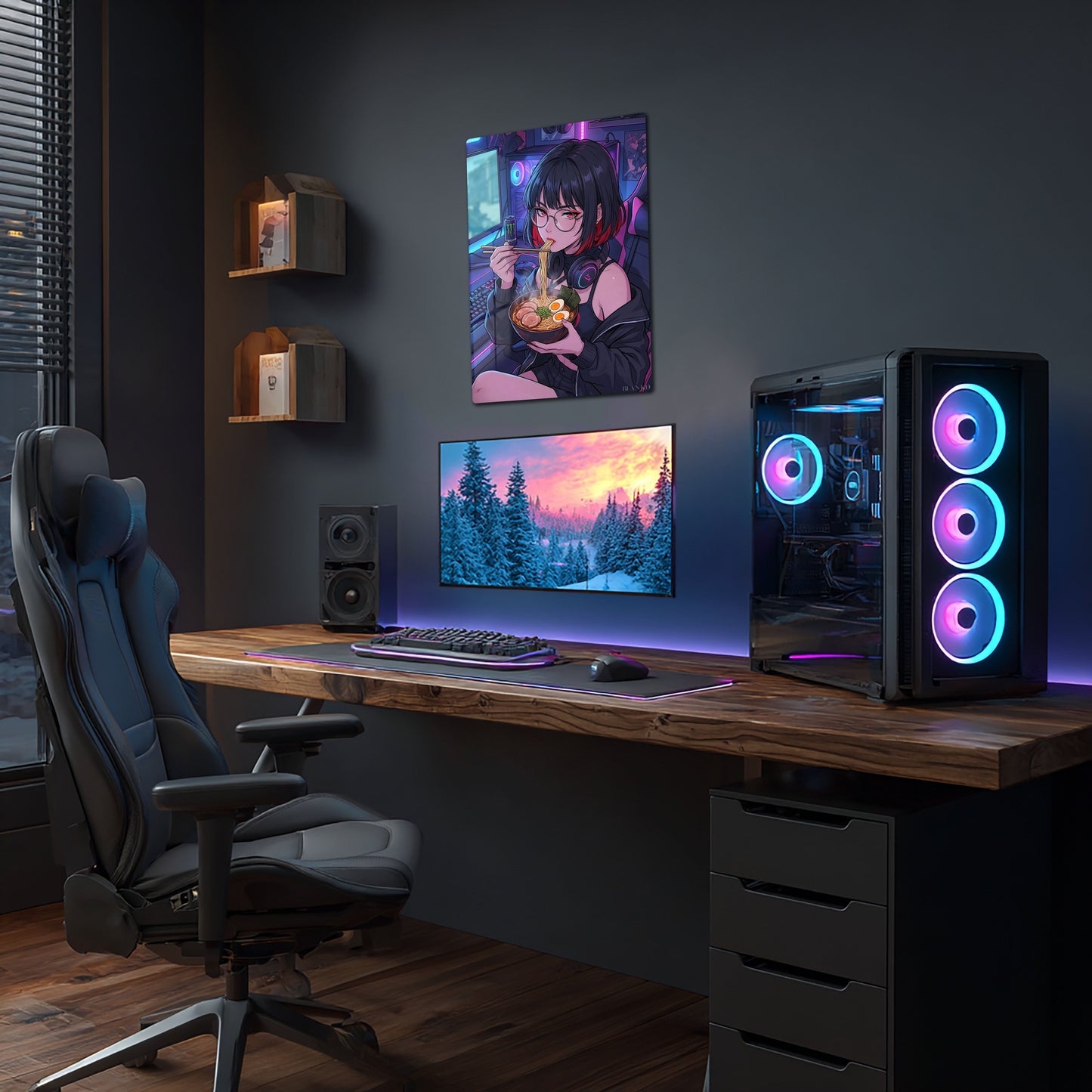 Anime Girl Eating Ramen in Gaming Setup