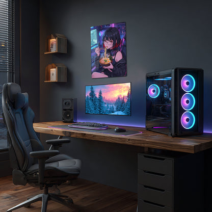 Anime Girl Eating Ramen in Gaming Setup