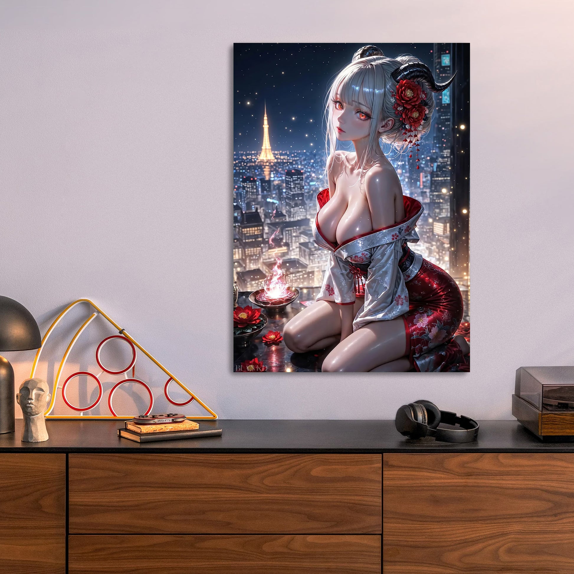 Anime Girl in Kimono metal poster size comparison