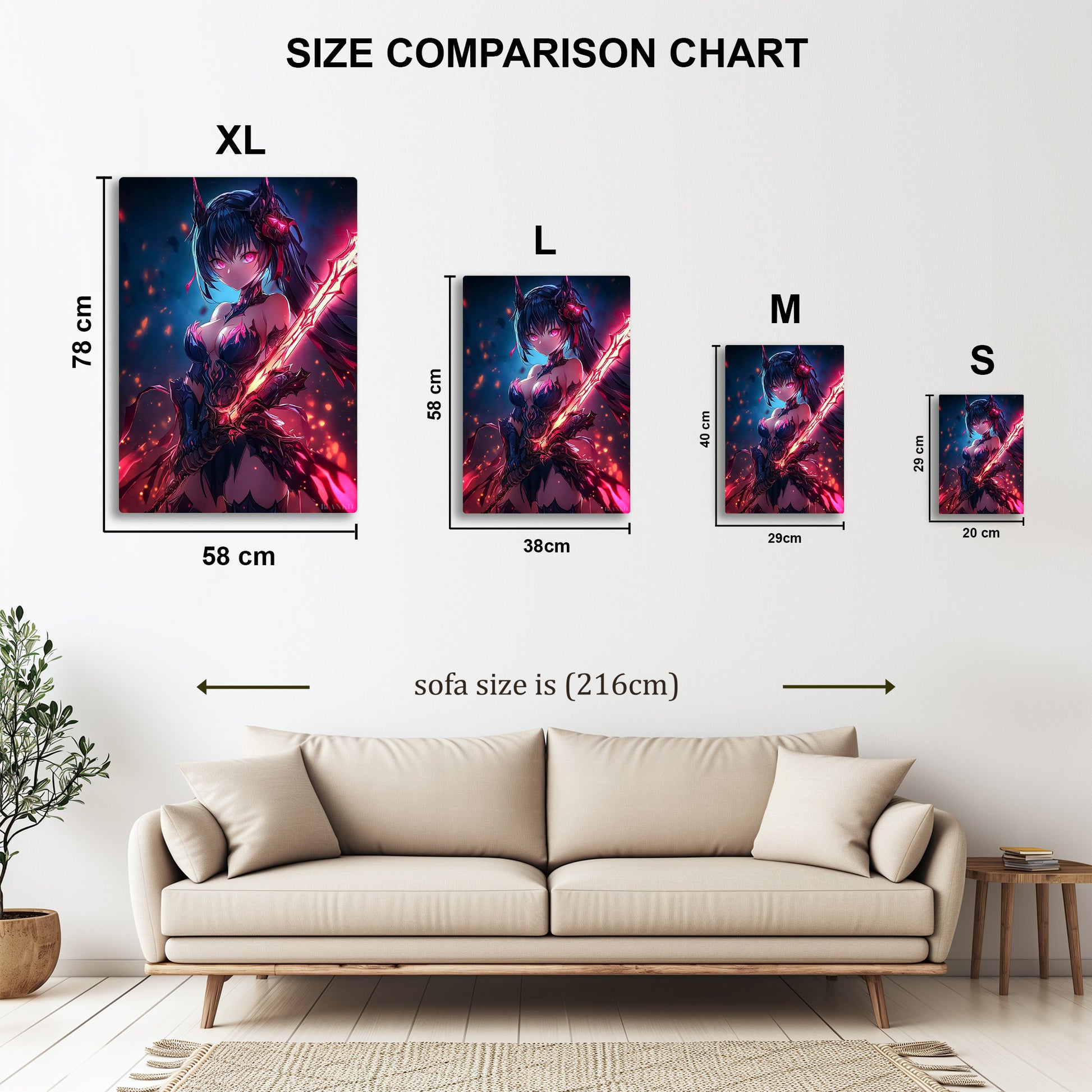 Anime Warrior Girl metal wall art in styled room setting