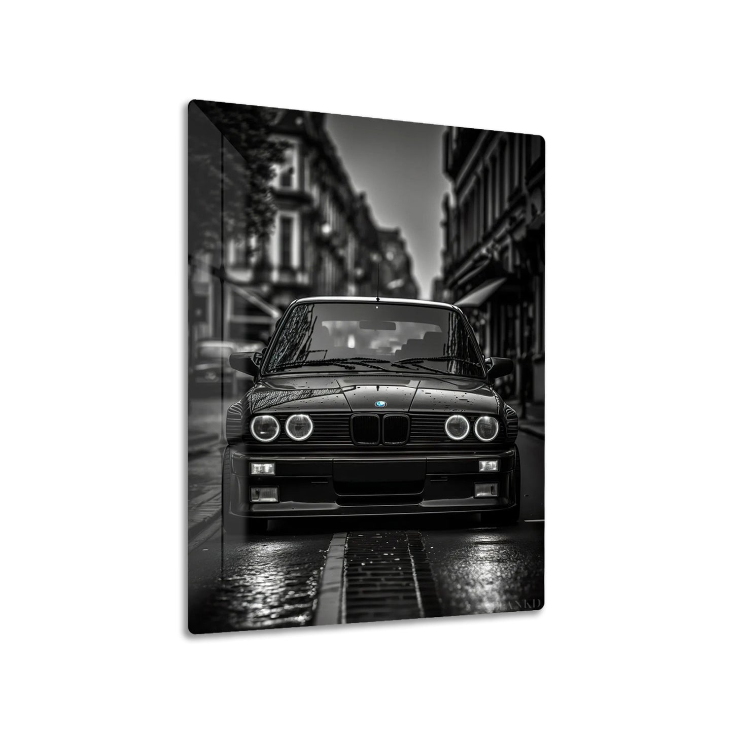 BMW E30 M3 metal poster on living room wall