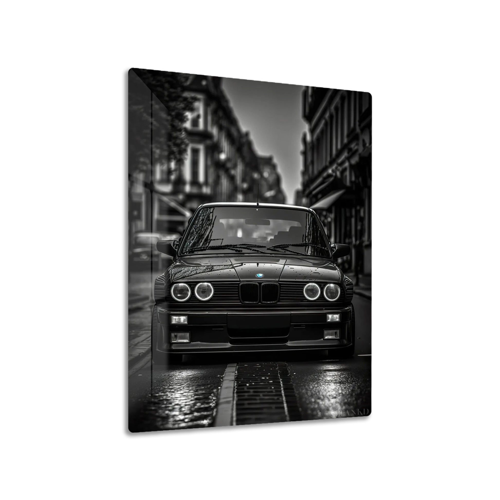 BMW E30 M3 metal poster on living room wall