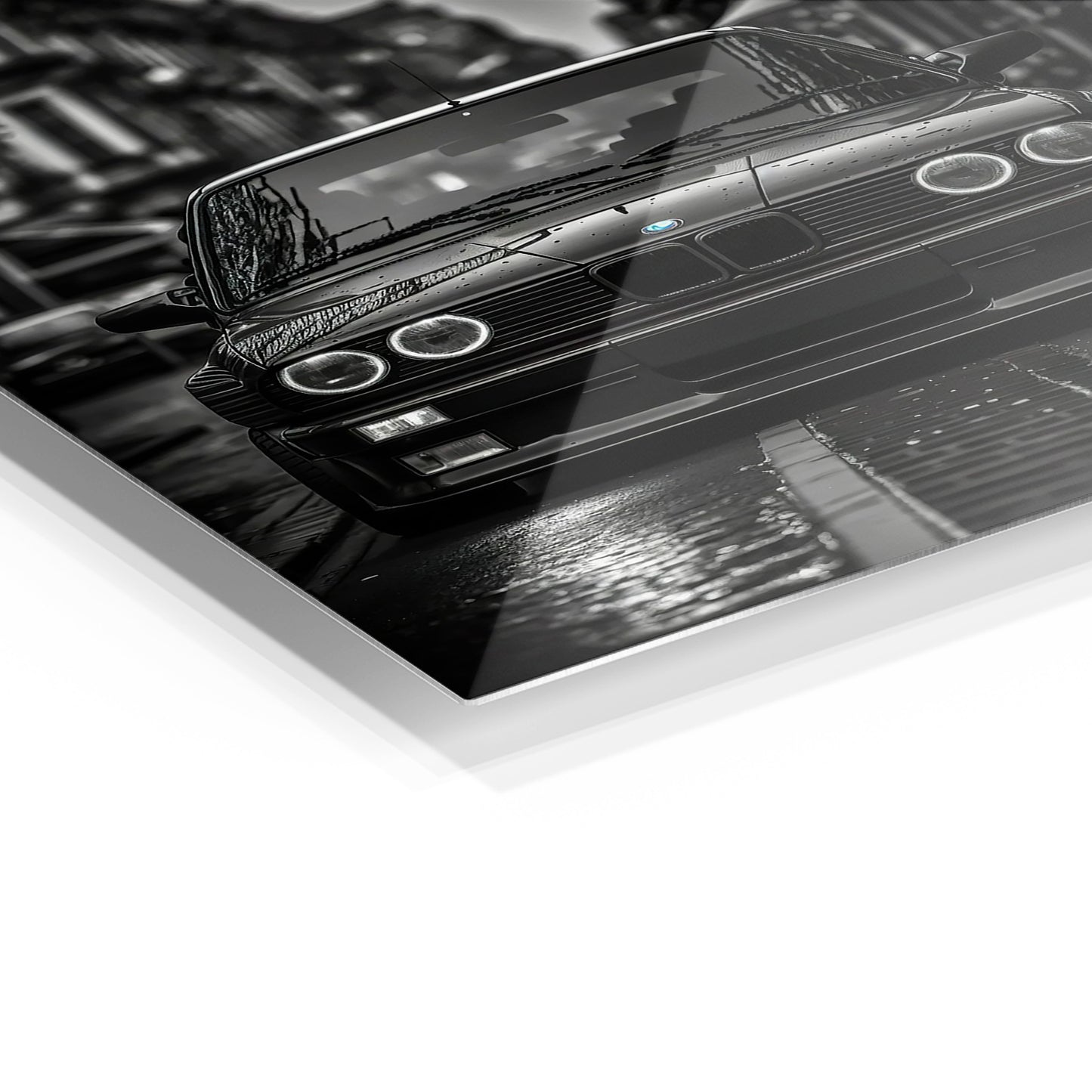 BMW E30 M3 metal wall art in a modern interior