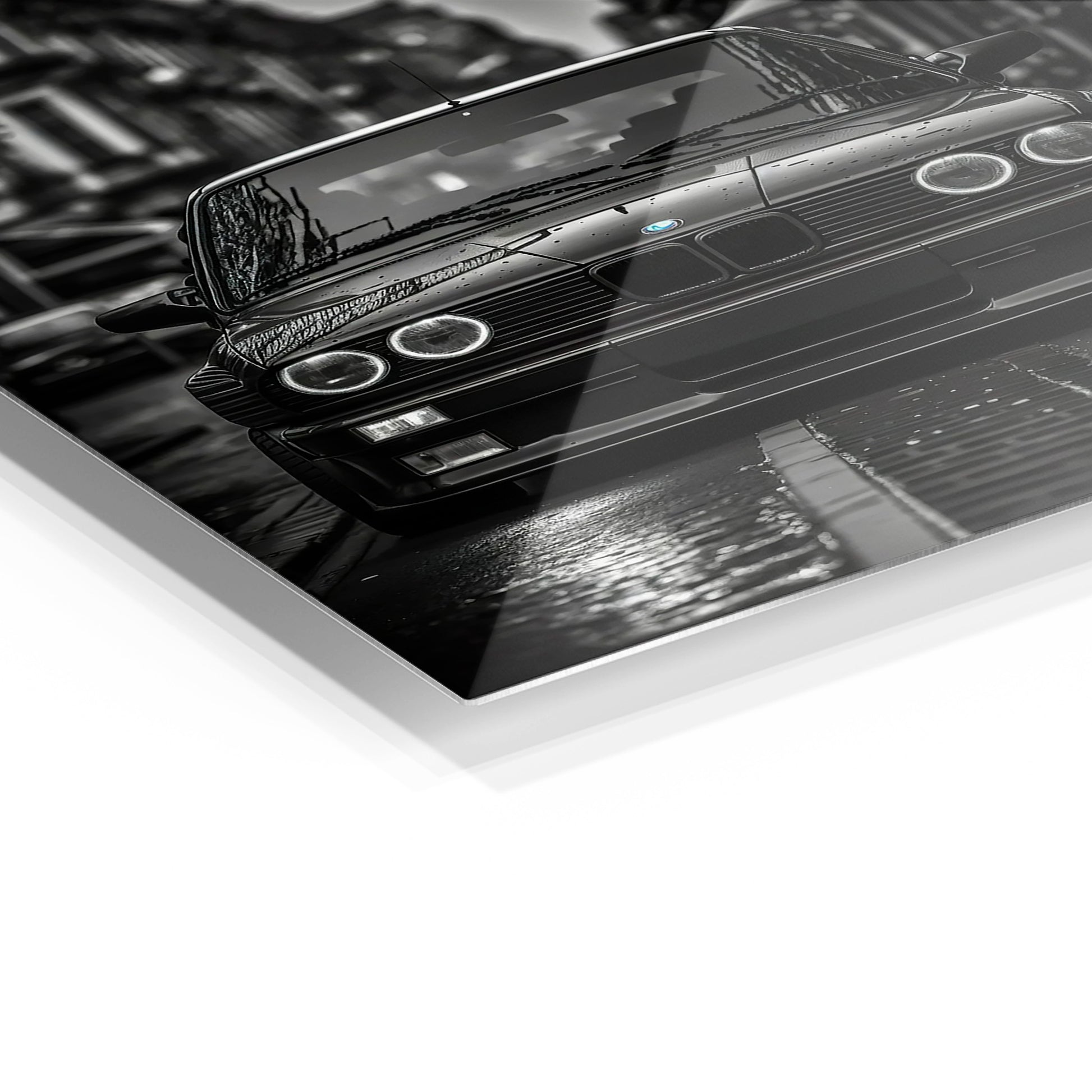 BMW E30 M3 metal wall art in a modern interior