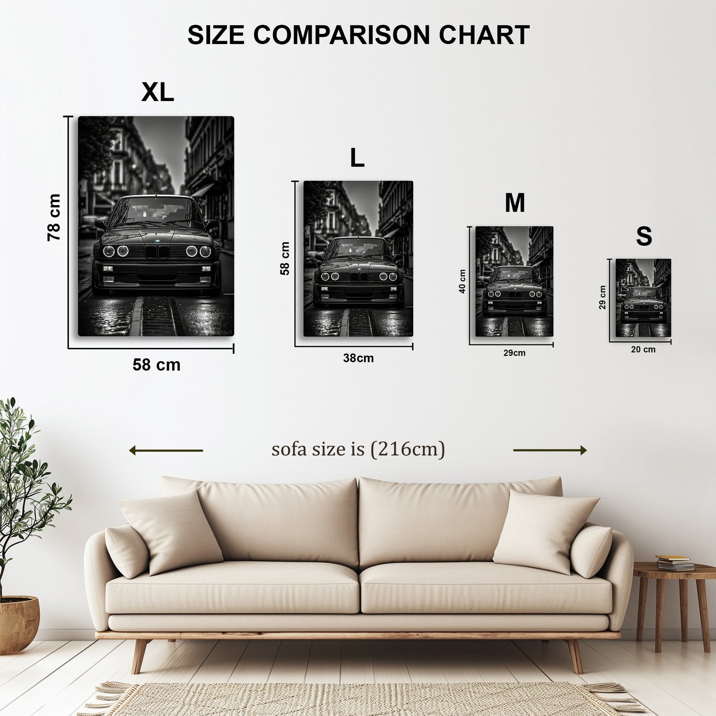 BMW E30 M3 metal wall art in styled room setting
