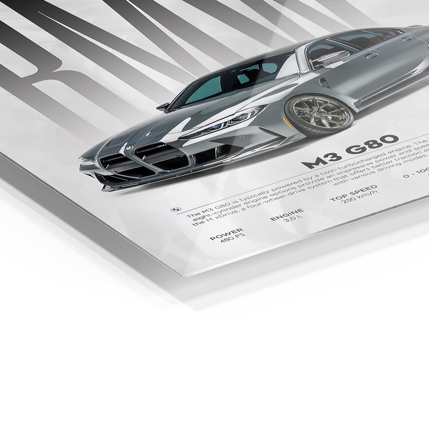 BMW M3 G80 metal wall art in a modern interior