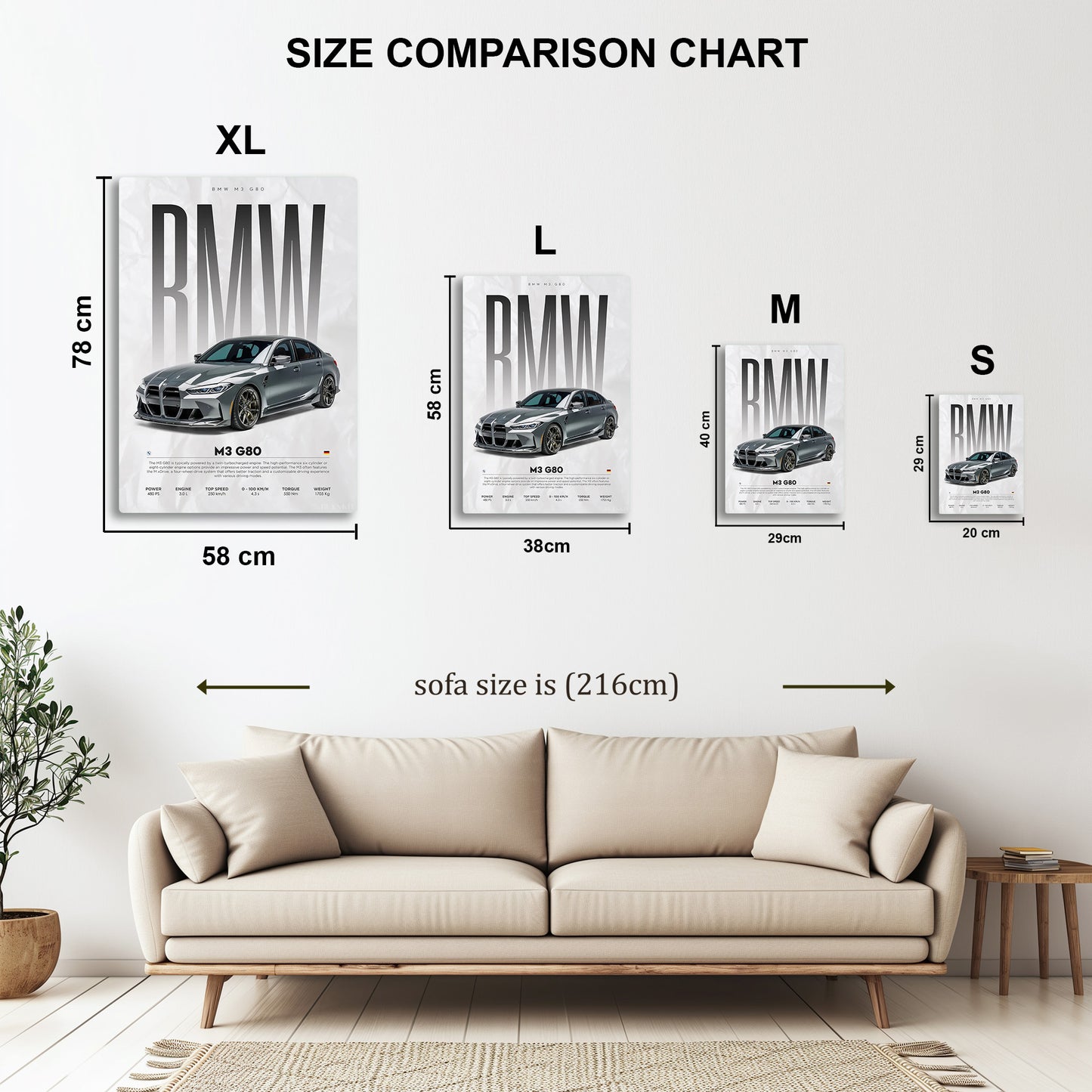 BMW M3 G80 metal wall art in styled room setting