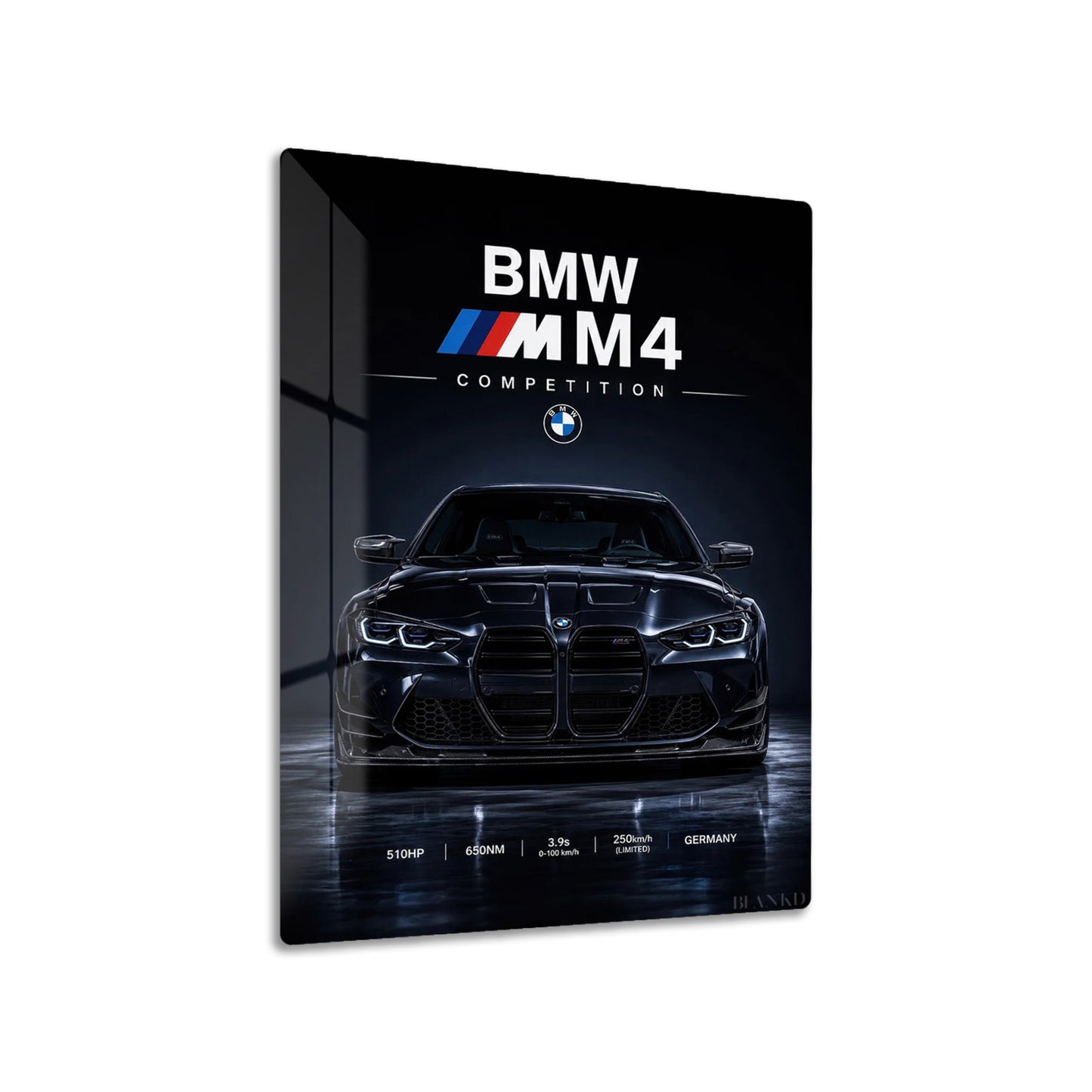 BMW M4 Competition metal poster on living room wall