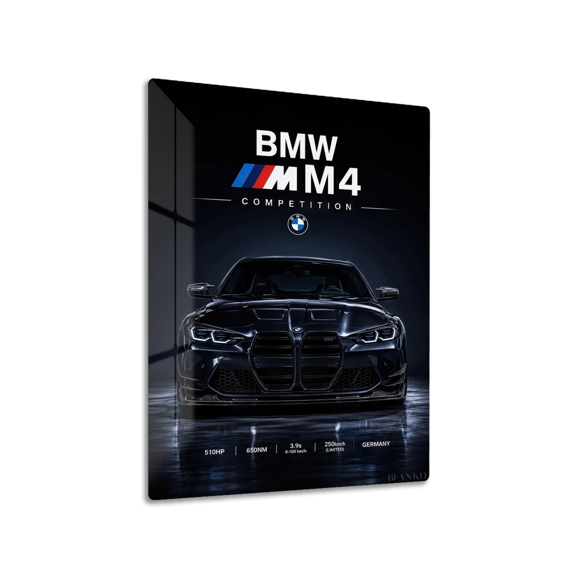 BMW M4 Competition metal poster on living room wall