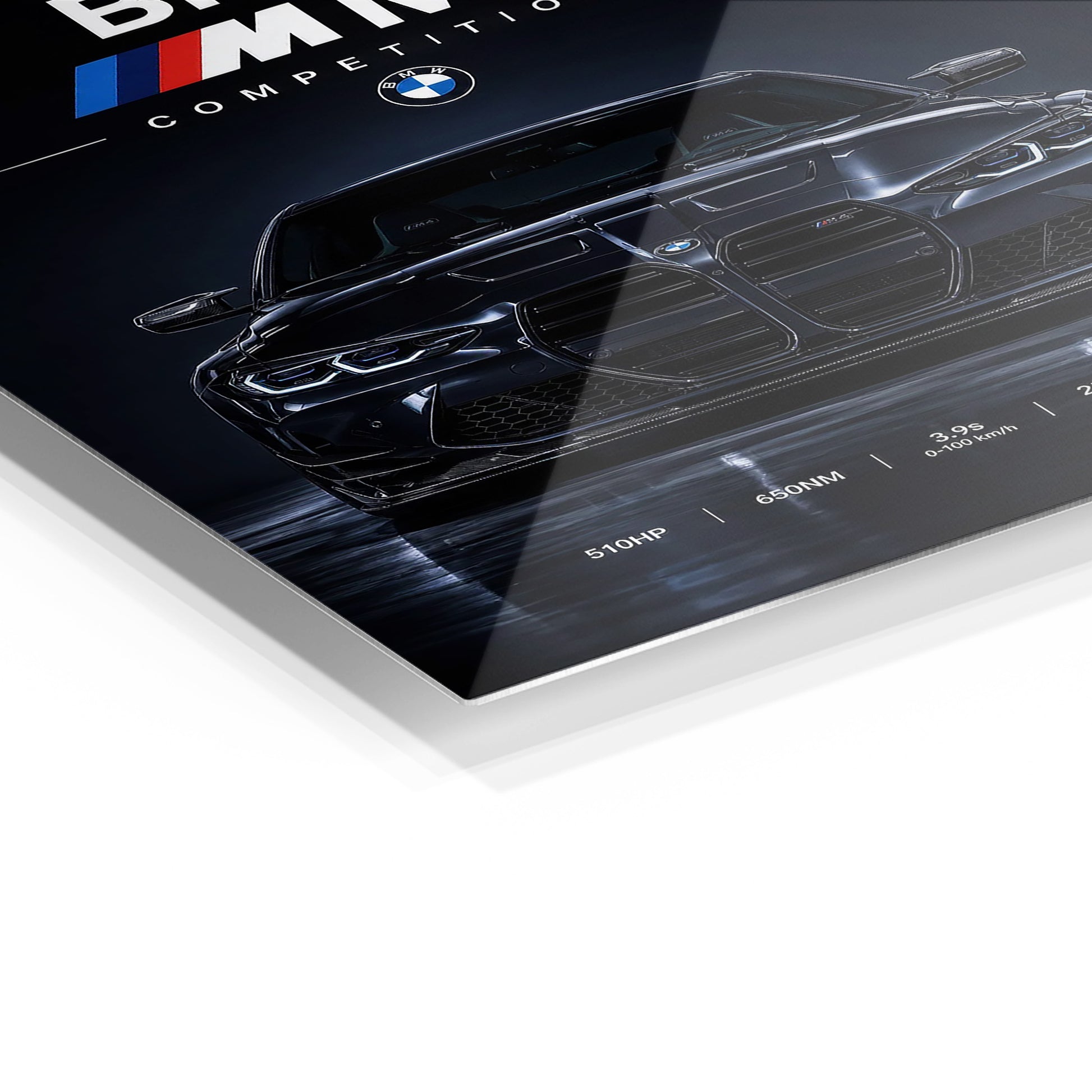 BMW M4 Competition metal wall art in a modern interior