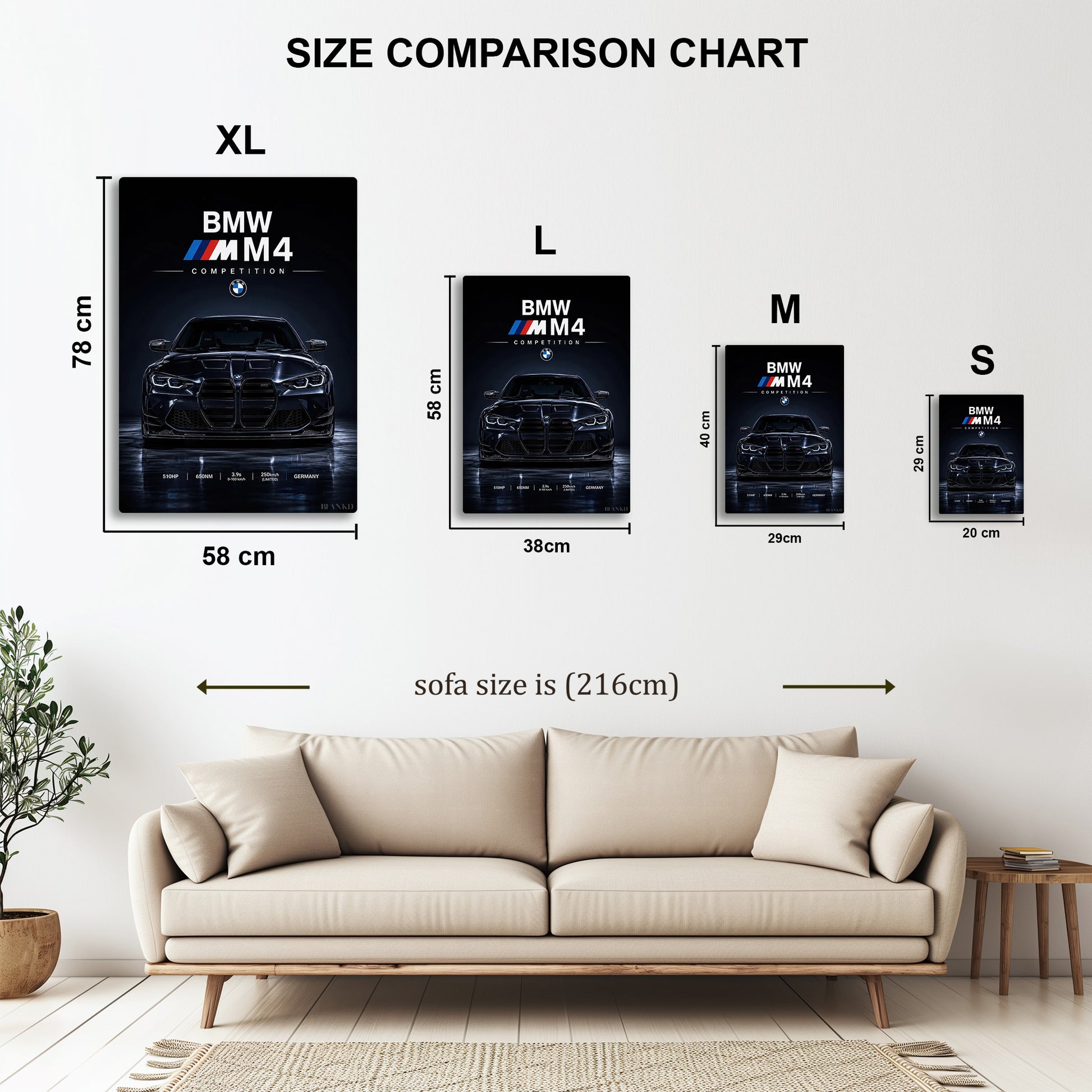 BMW M4 Competition metal wall art in styled room setting