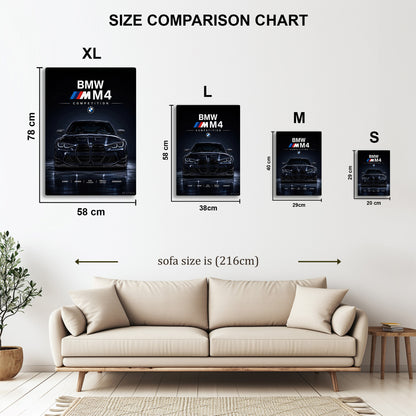 BMW M4 Competition metal wall art in styled room setting
