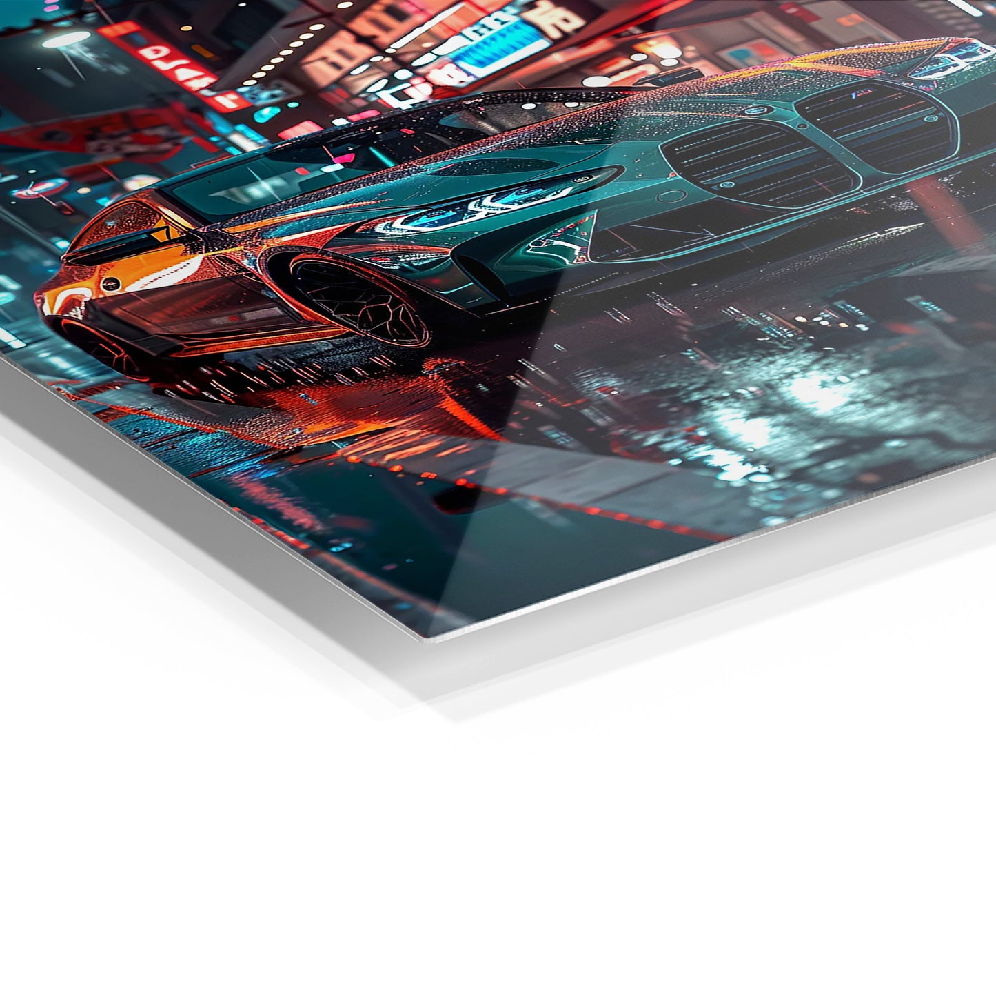 BMW M4 Neon Street metal wall art in a modern interior