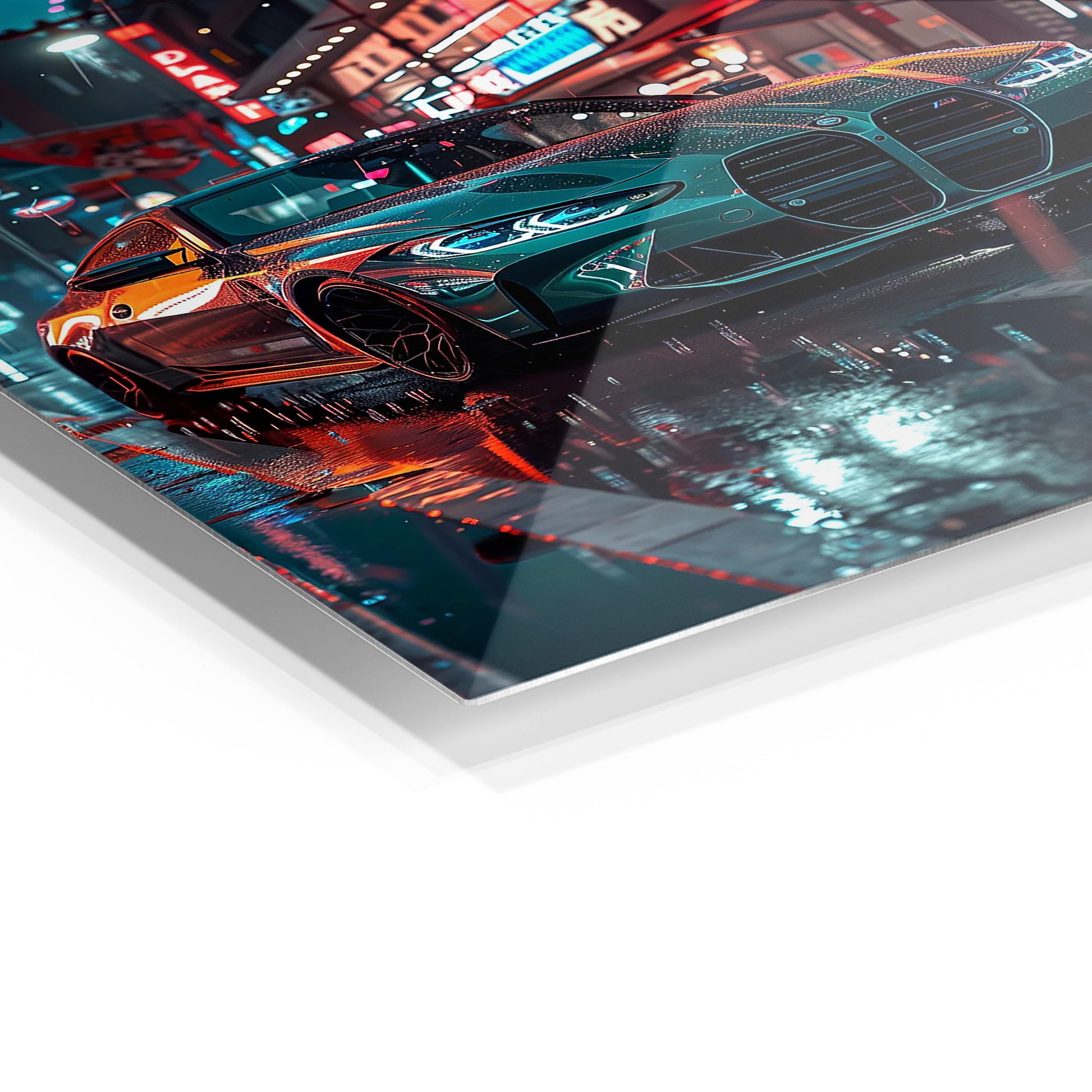 BMW M4 Neon Street metal wall art in a modern interior