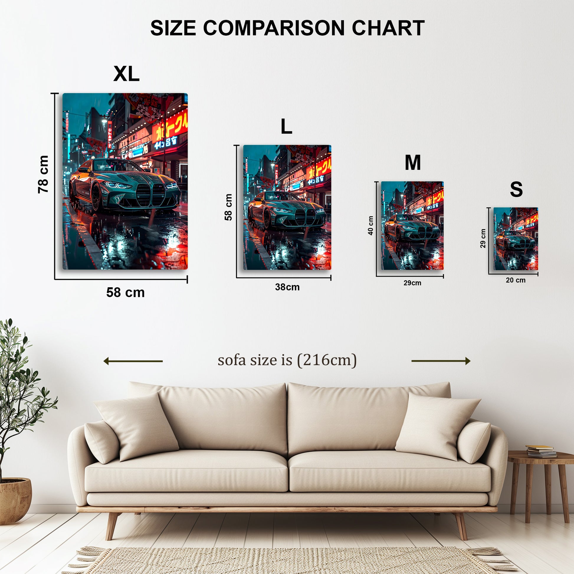 BMW M4 Neon Street metal wall art in styled room setting
