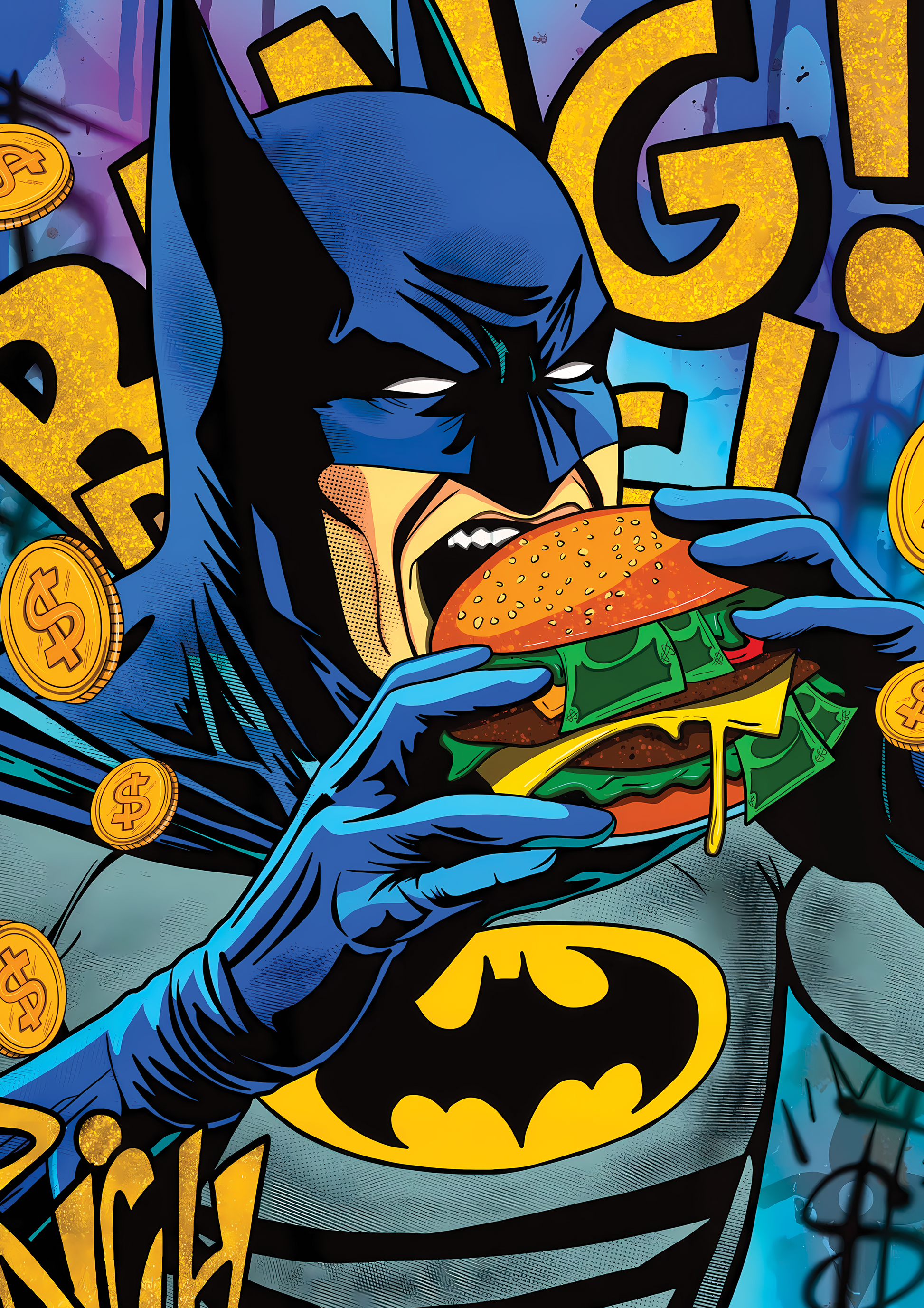 Batman Eating Burger metal poster artwork