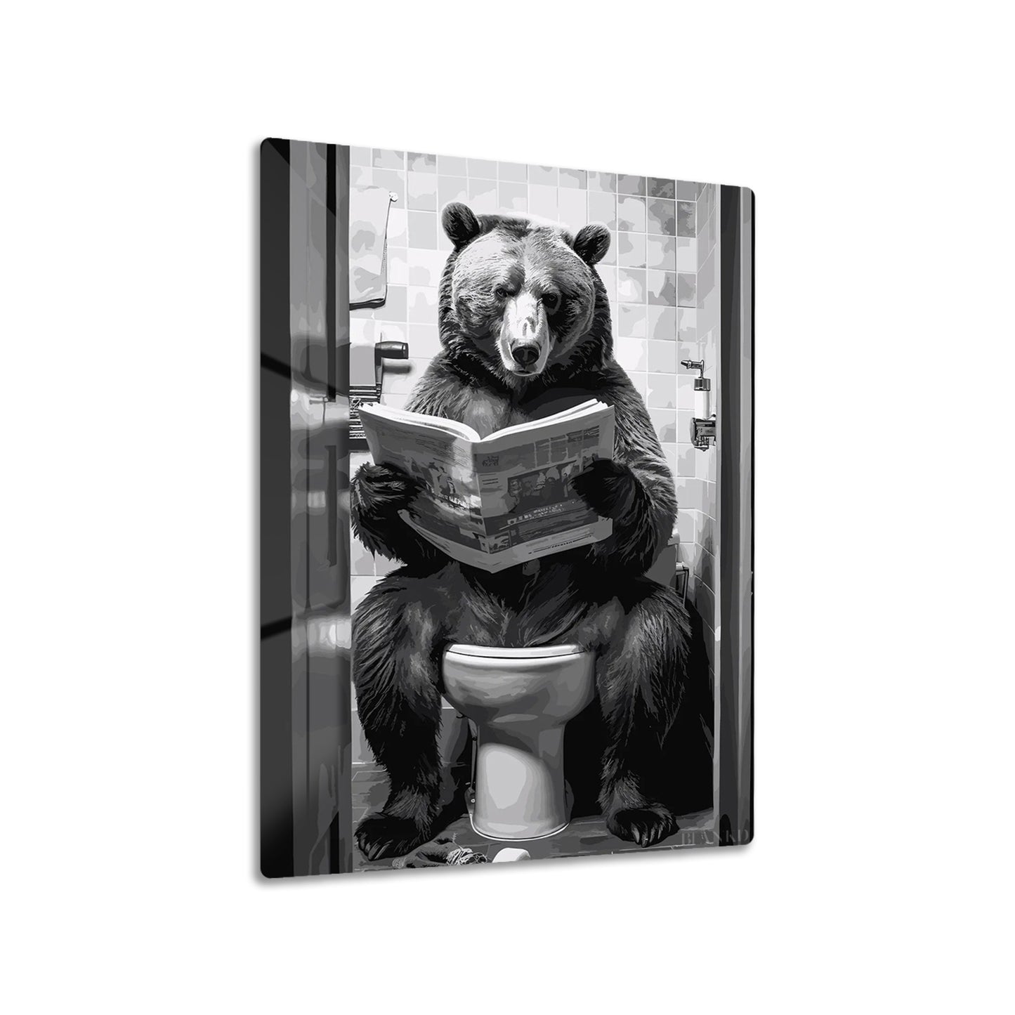 Bear on the Toilet metal poster on living room wall