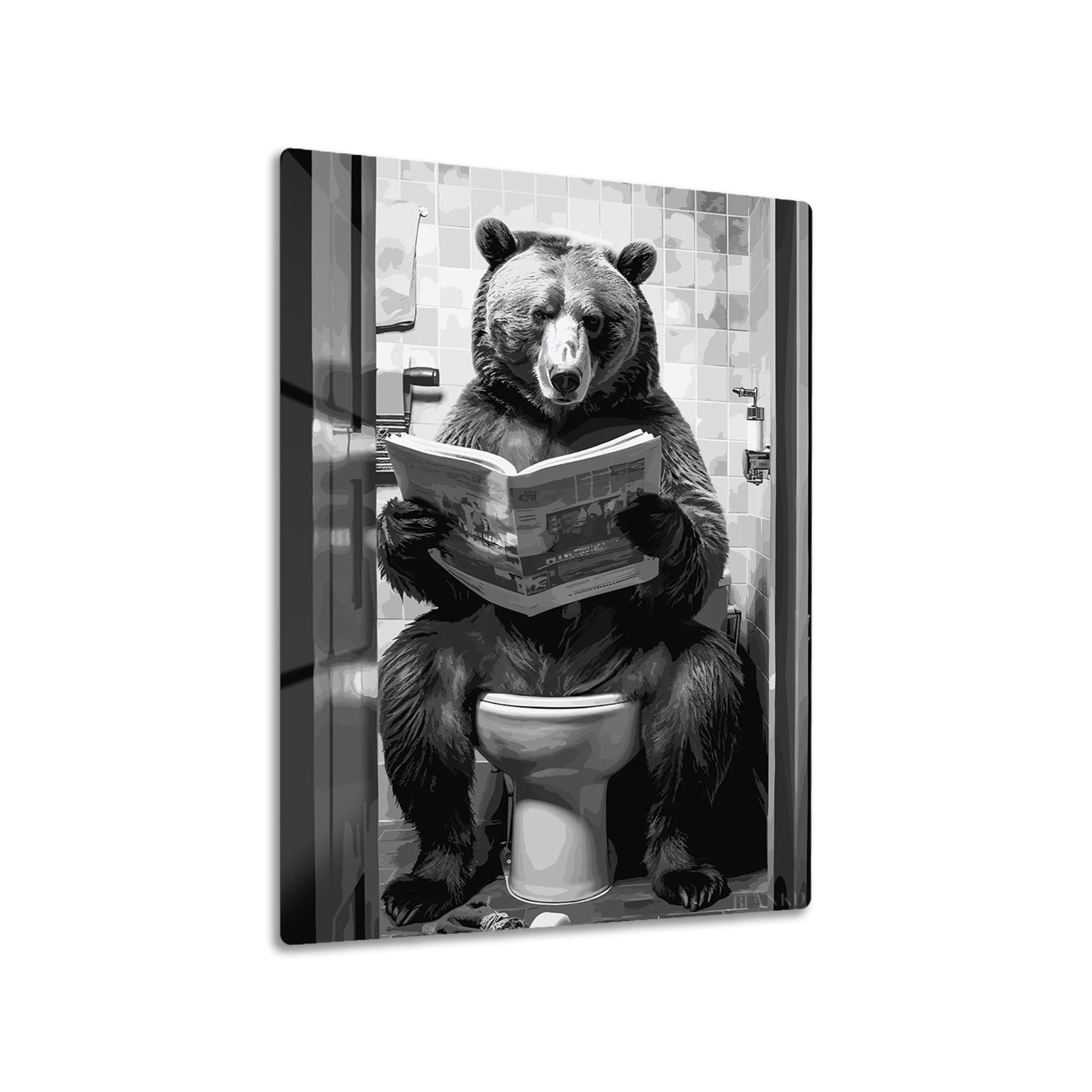 Bear on the Toilet metal poster on living room wall