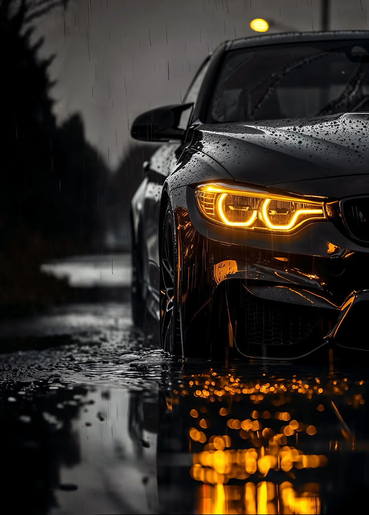 Black BMW in Rain metal wall art