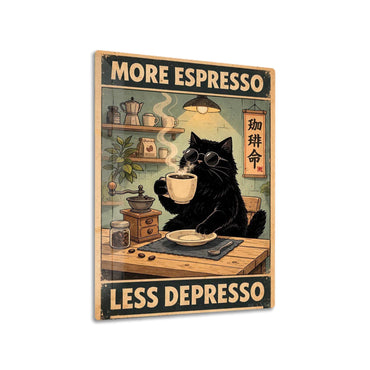 Black Cat Drinking Espresso metal poster