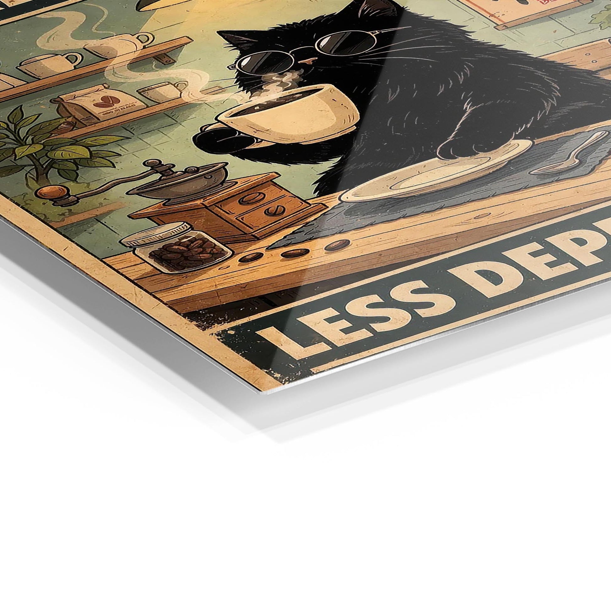 Black Cat Drinking Espresso metal poster