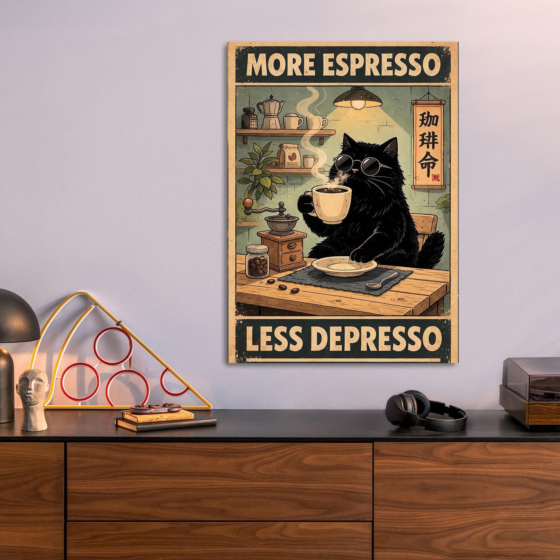 Black Cat Drinking Espresso metal poster