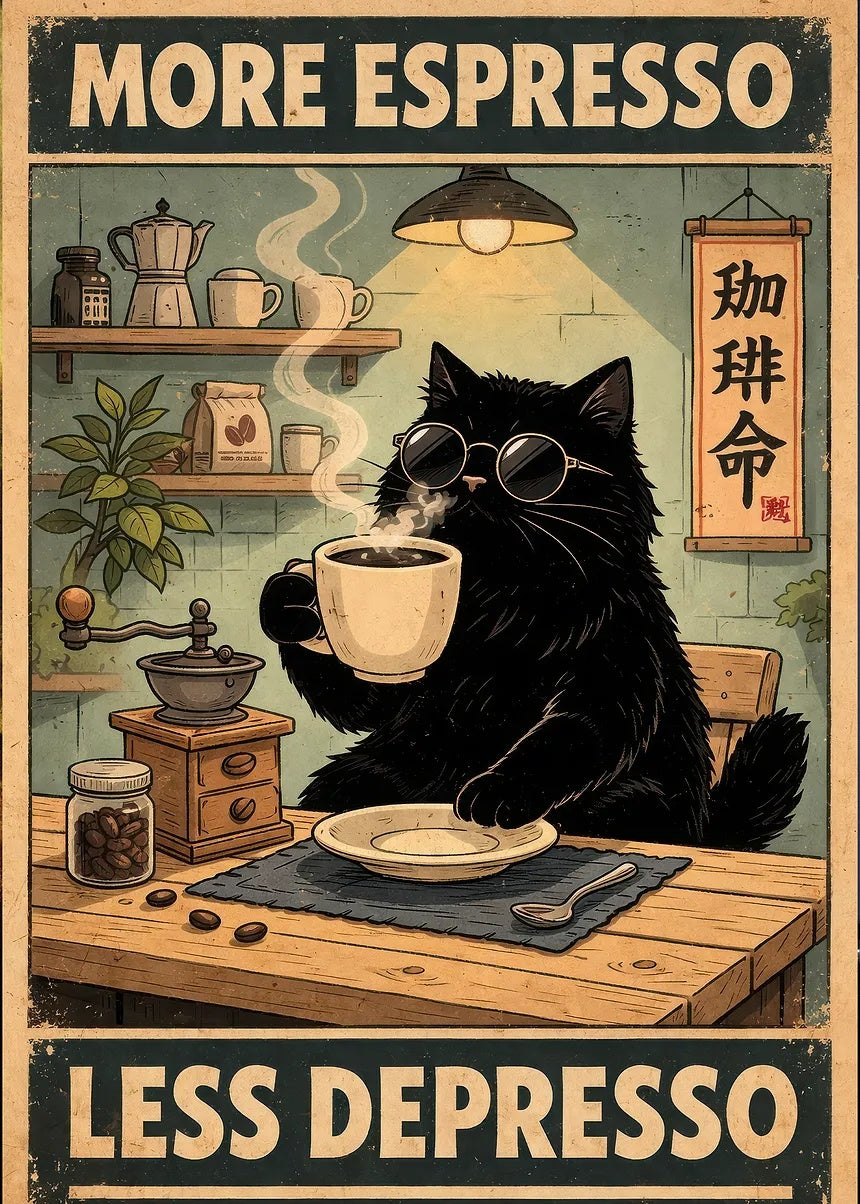 Black Cat Drinking Espresso metal wall art