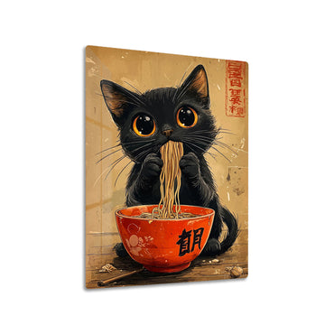 Black Cat Ramen metal poster on living room wall